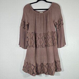 Umgee Floral Dress Women Small Lace Lined Bell Sleeve Brown Boho Festival